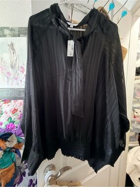 EARTHBOUND Black Sheer Striped Tie-Neck Blouse